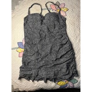 Black Wht Polka Dot Ruched Swim Dress One Piece Swimsuit Skirted Ruffle Hem xxl
